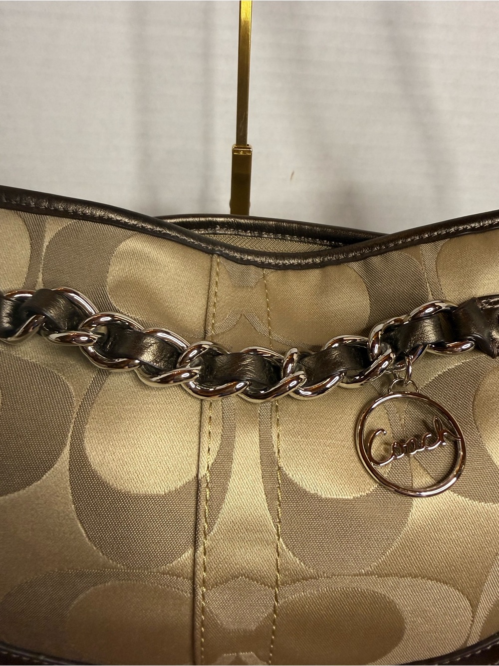 Coach F19724 Signature Jacquard Shoulder Bag Champagne Bronze Chain Charm EUC - Picture 3 of 16